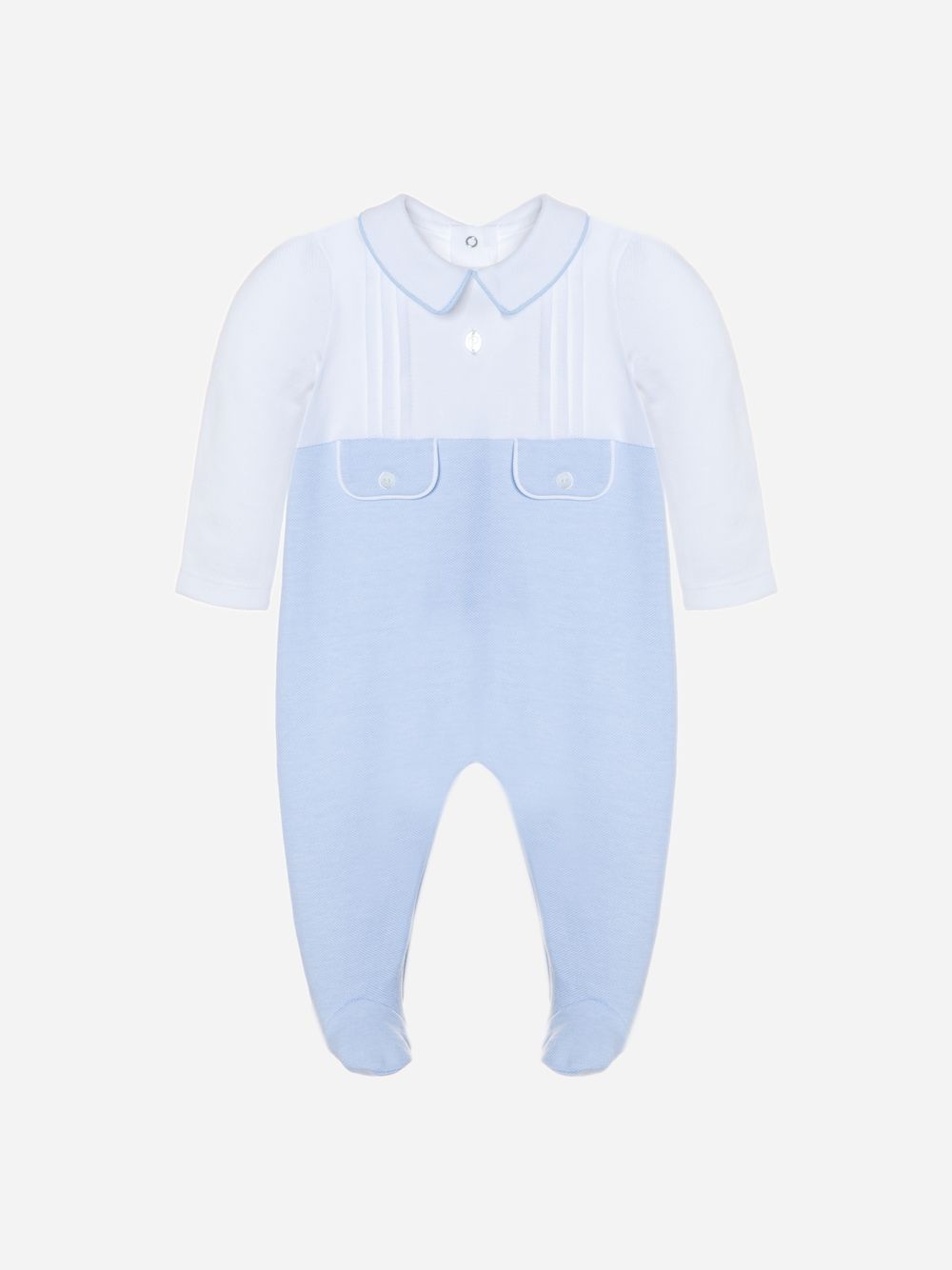 White and light blue jersey babygrow