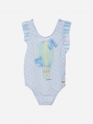 Girls white swimsuit decorated with blue balls print