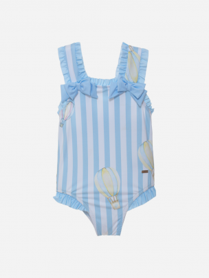 Girls blue striped swimsuit with exclusive air balloons print