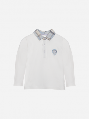Ecru and blue check jersey polo