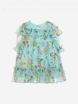 Vestido floral light blue em chiffon